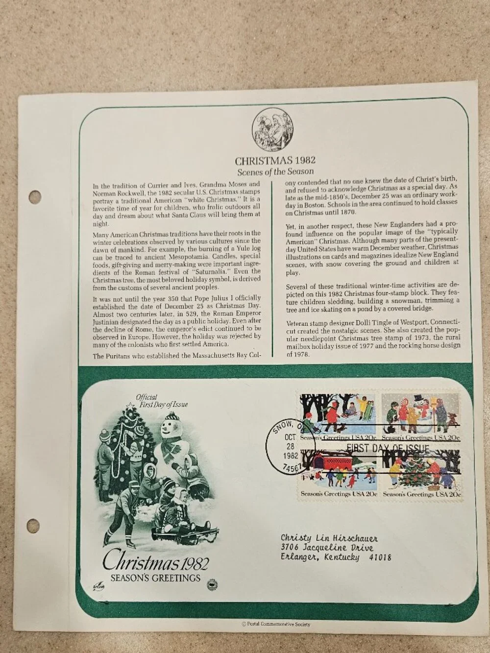 RARE COLLECTIBLE USPS 1ST DAY ISSUE COVER CHRISTMAS 1982 SEASONS GREETINGS STAMP